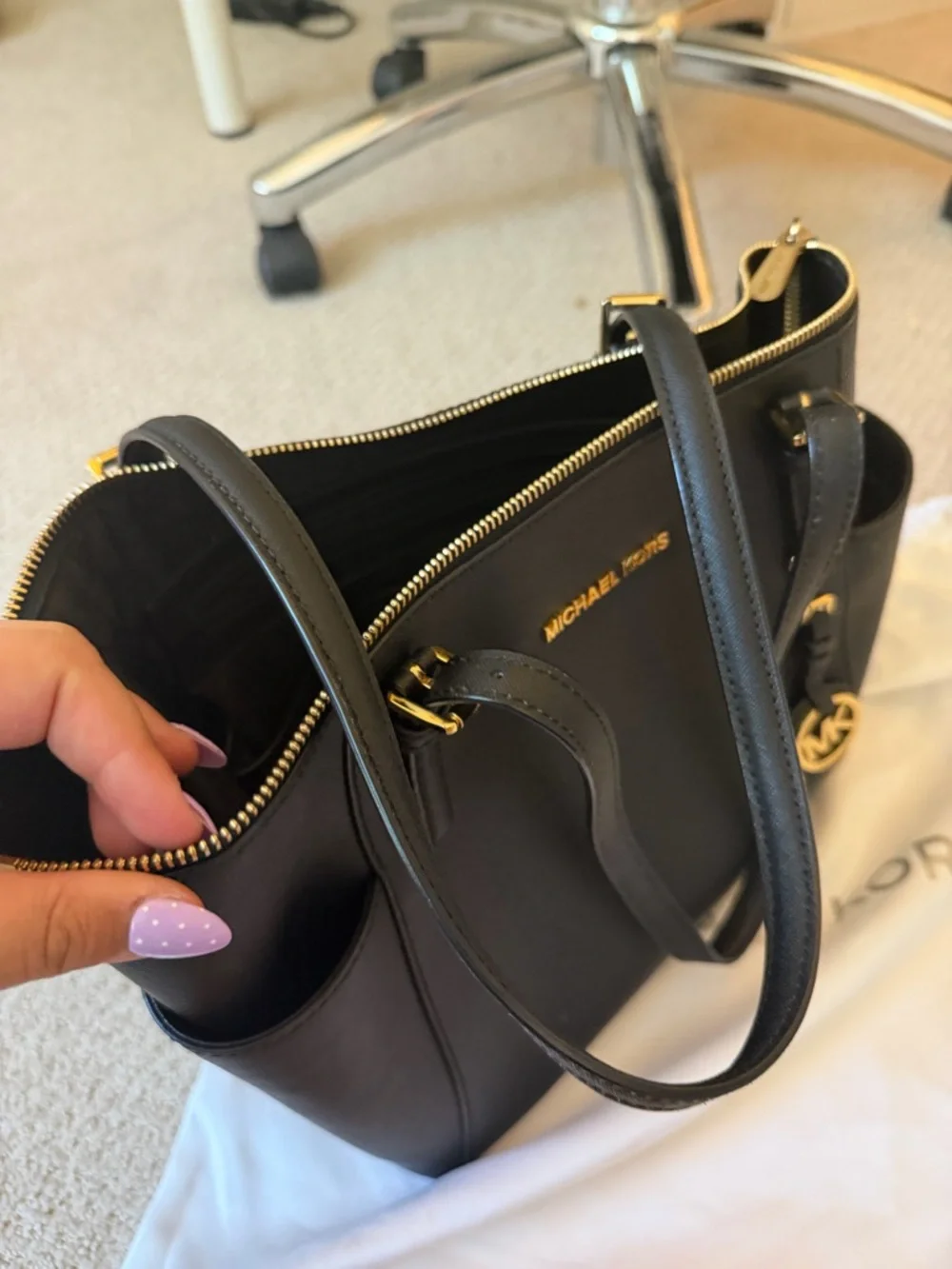 Michael Kors Black Saffiano Leather Double-Handle Tote with Gold Hardware